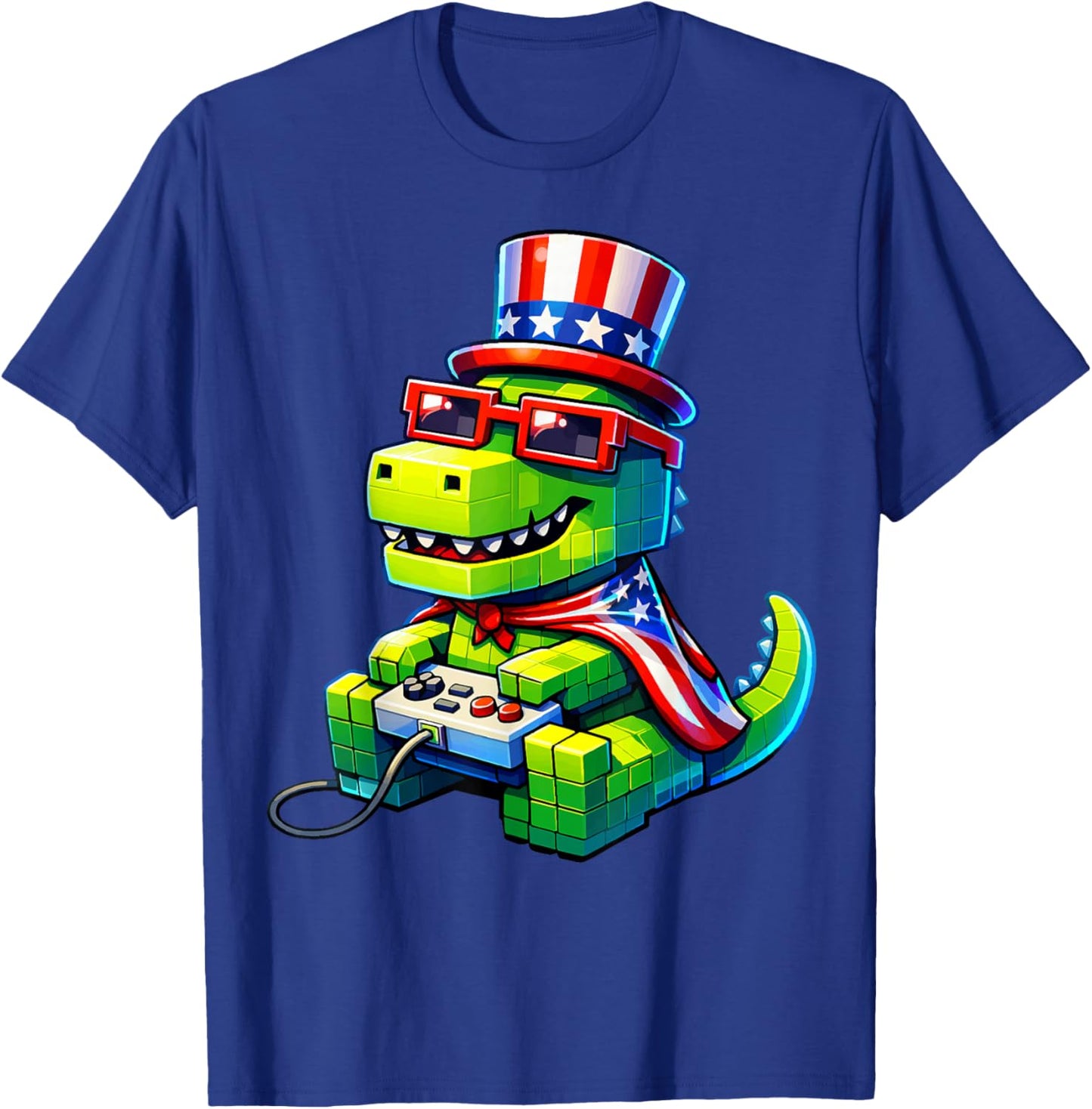 4th of July Gamer Patriotic T Rex Dinosaur Pixel Video Game T-Shirt - T-Shirt | Royal