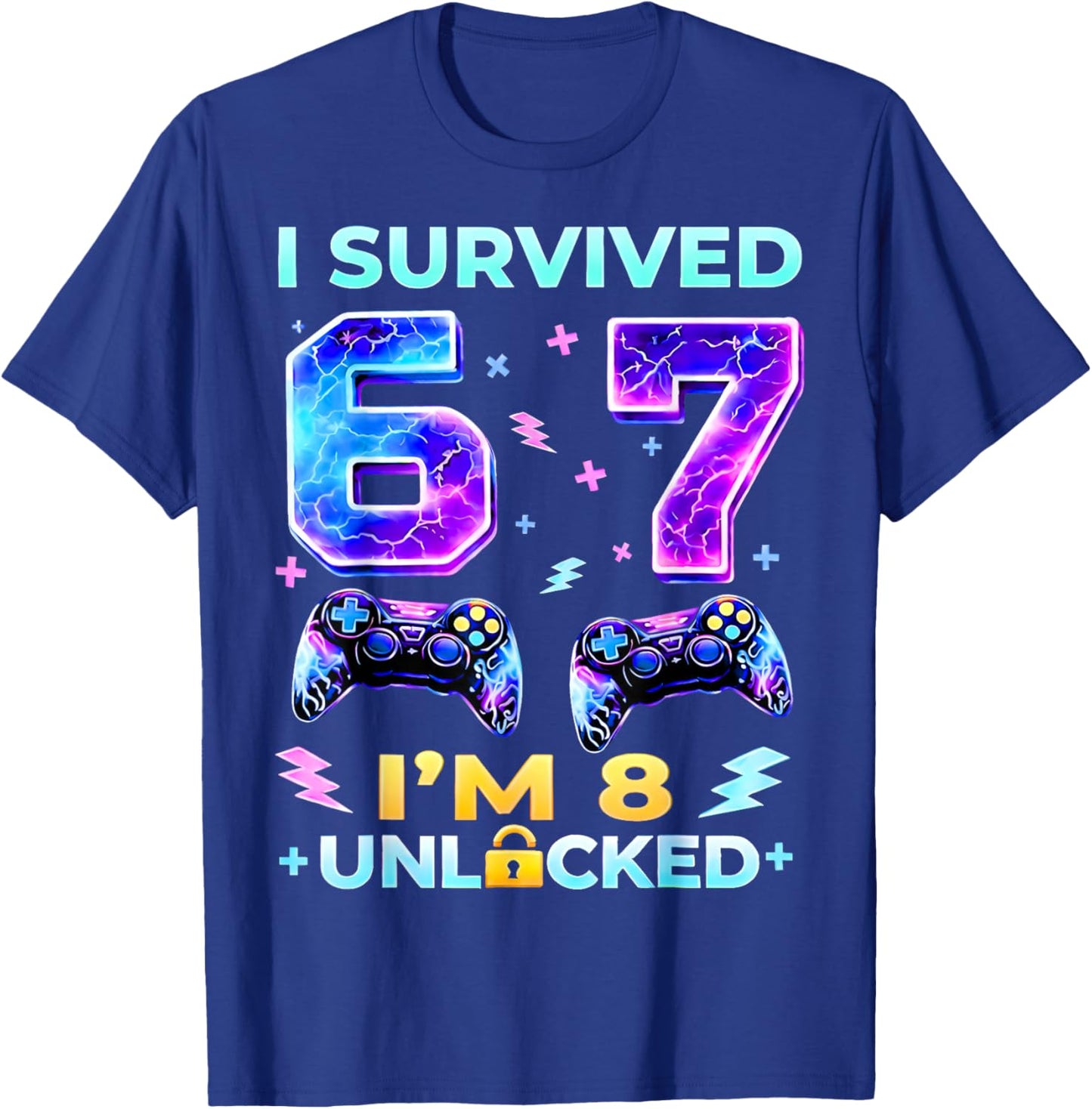 I Survived 6 7 I'm 8 Birthday Boys Gamer Unlocked Gifts Kids T-Shirt - T-Shirt | Royal