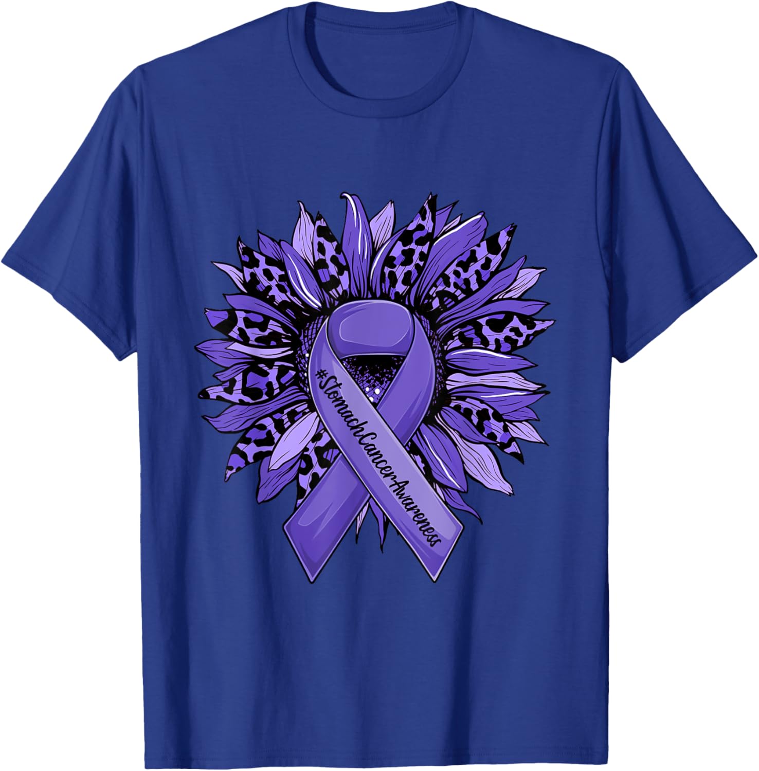 Leopard Sunflower and Periwinkle Ribbon Stomach Cancer T-Shirt - T-Shirt | Royal