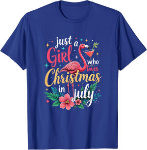 Just A Girl Who Loves Christmas In July Pink Flamingo Summer T-Shirt - T-Shirt | Royal
