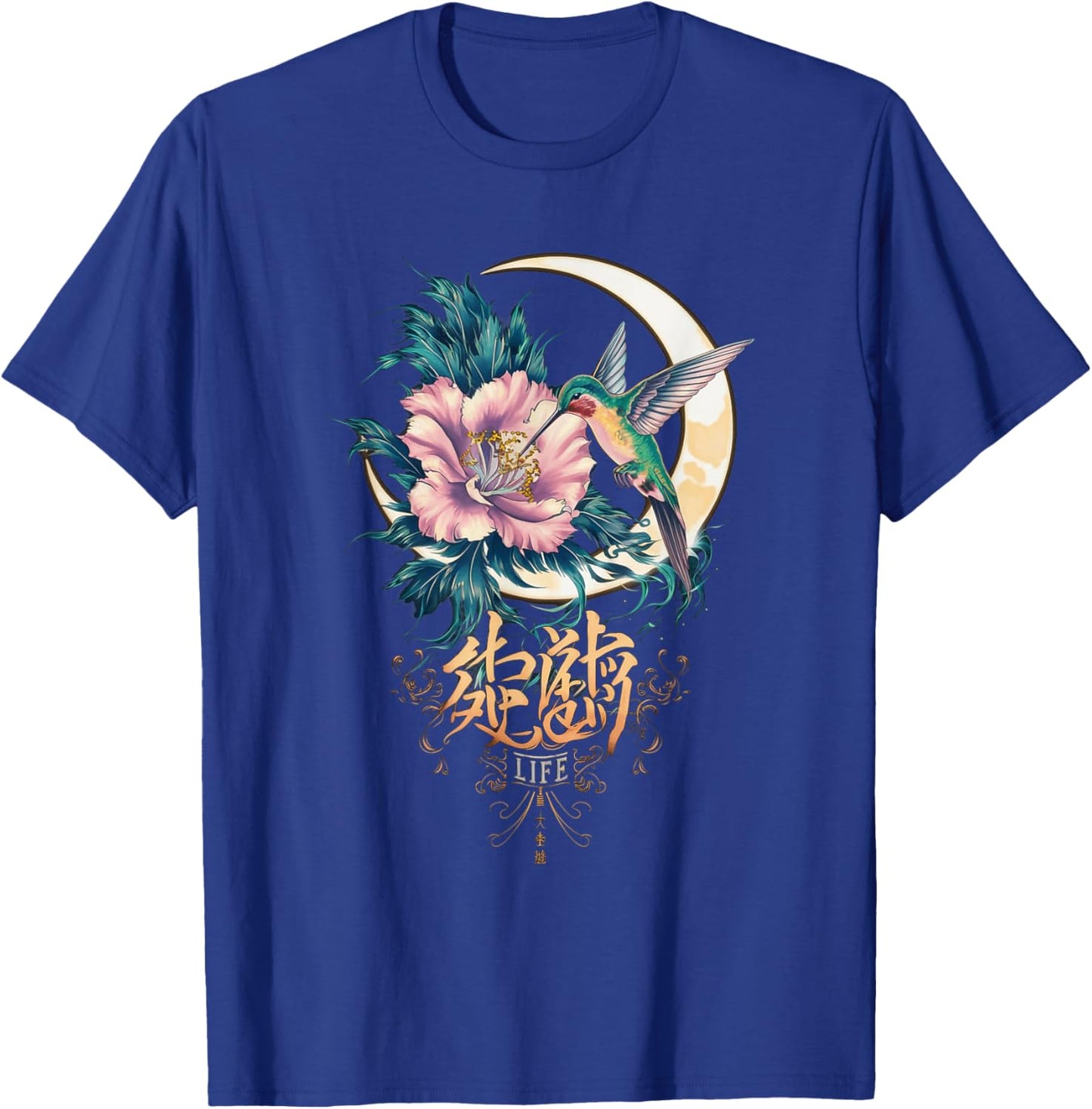 Vibrant Life Hummingbird with Hibiscus Moon Japanese Style T-Shirt - T-Shirt | Royal