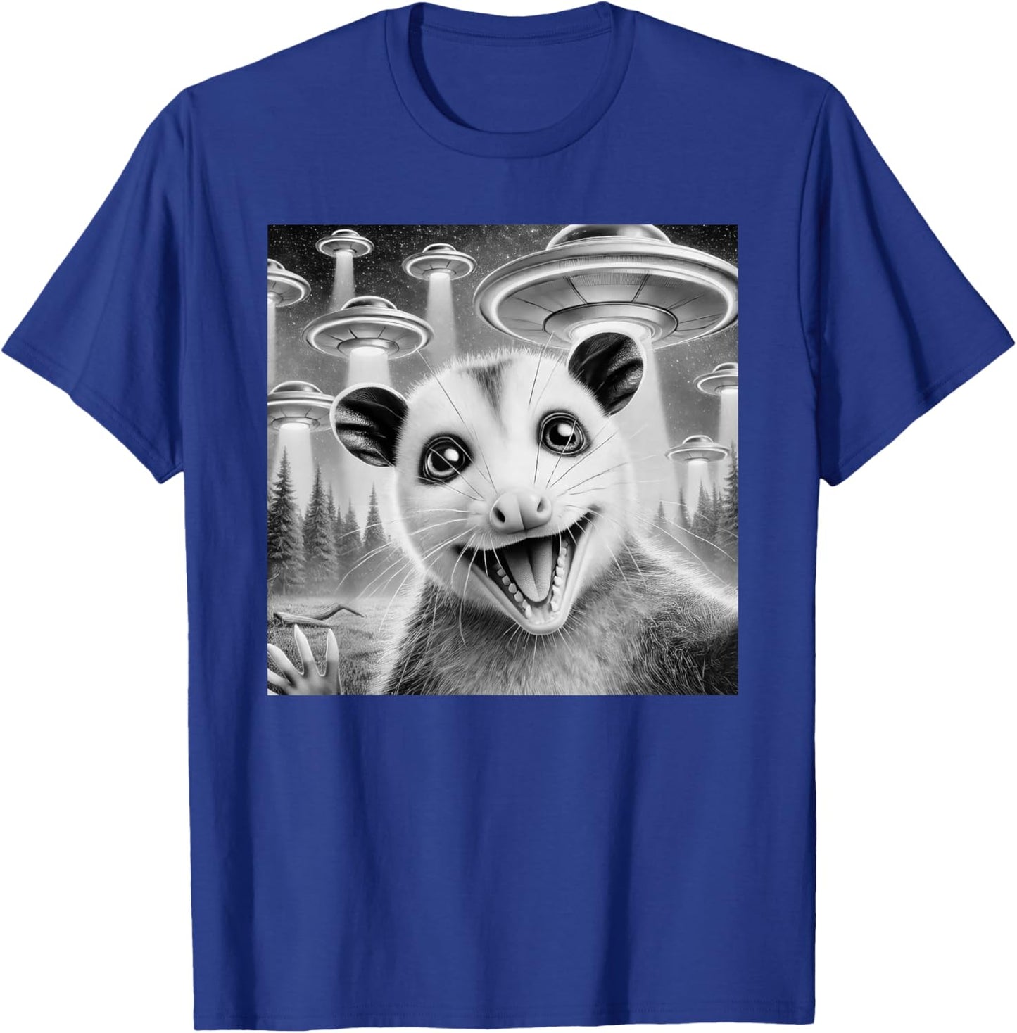 Opossum Selfie With Alien UFO Meme Men Women Kids T-Shirt - T-Shirt | Royal