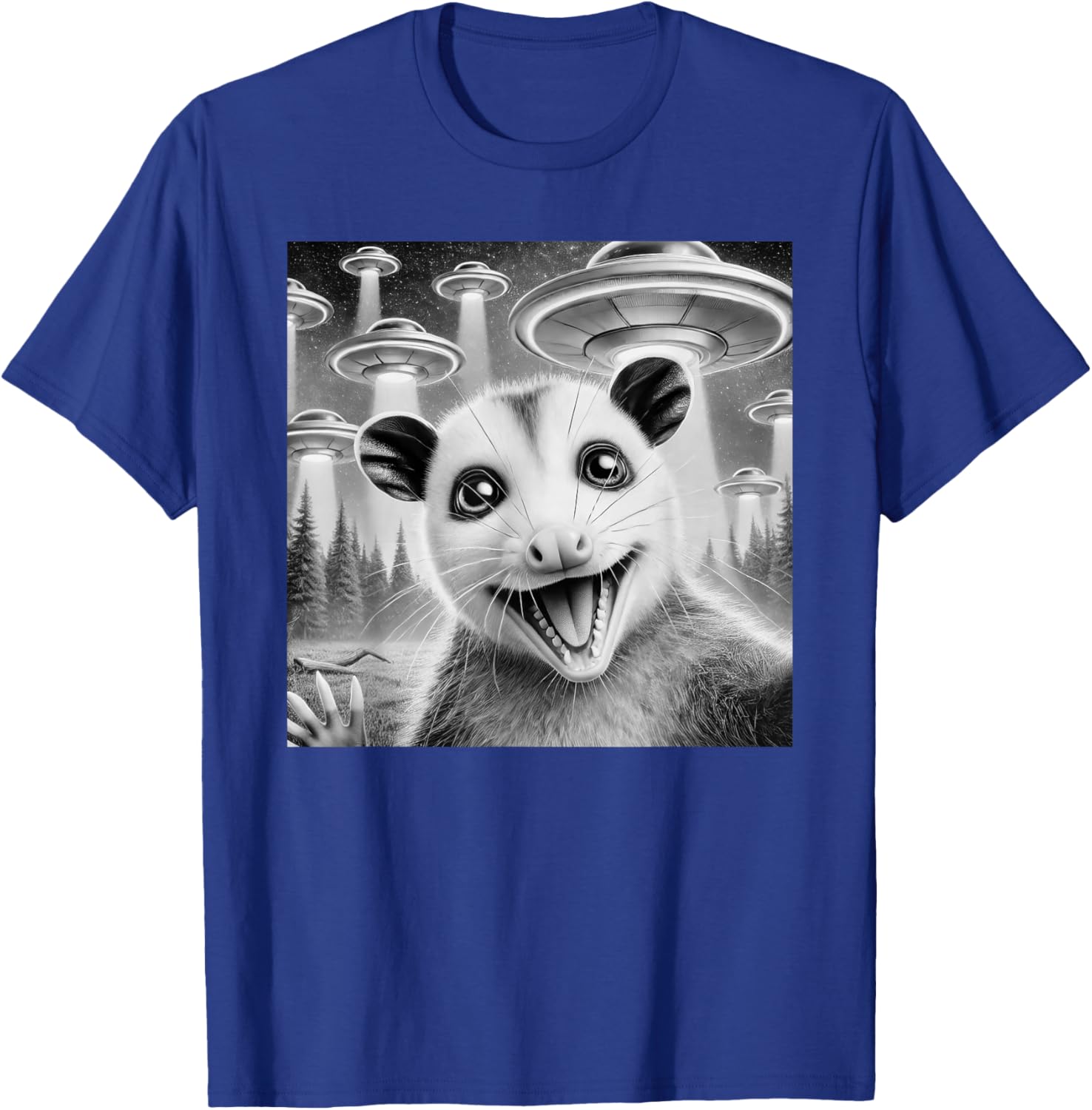 Opossum Selfie With Alien UFO Meme Men Women Kids T-Shirt - T-Shirt | Royal