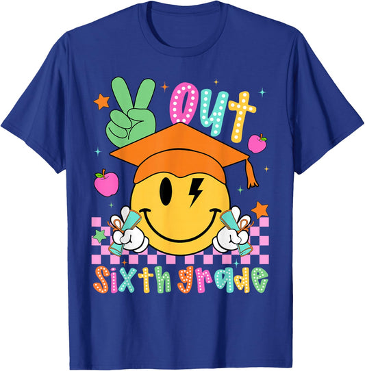 Last Day of School Peace Out 6th Grade Boy Girl Smile Face T-Shirt - T-Shirt | Royal