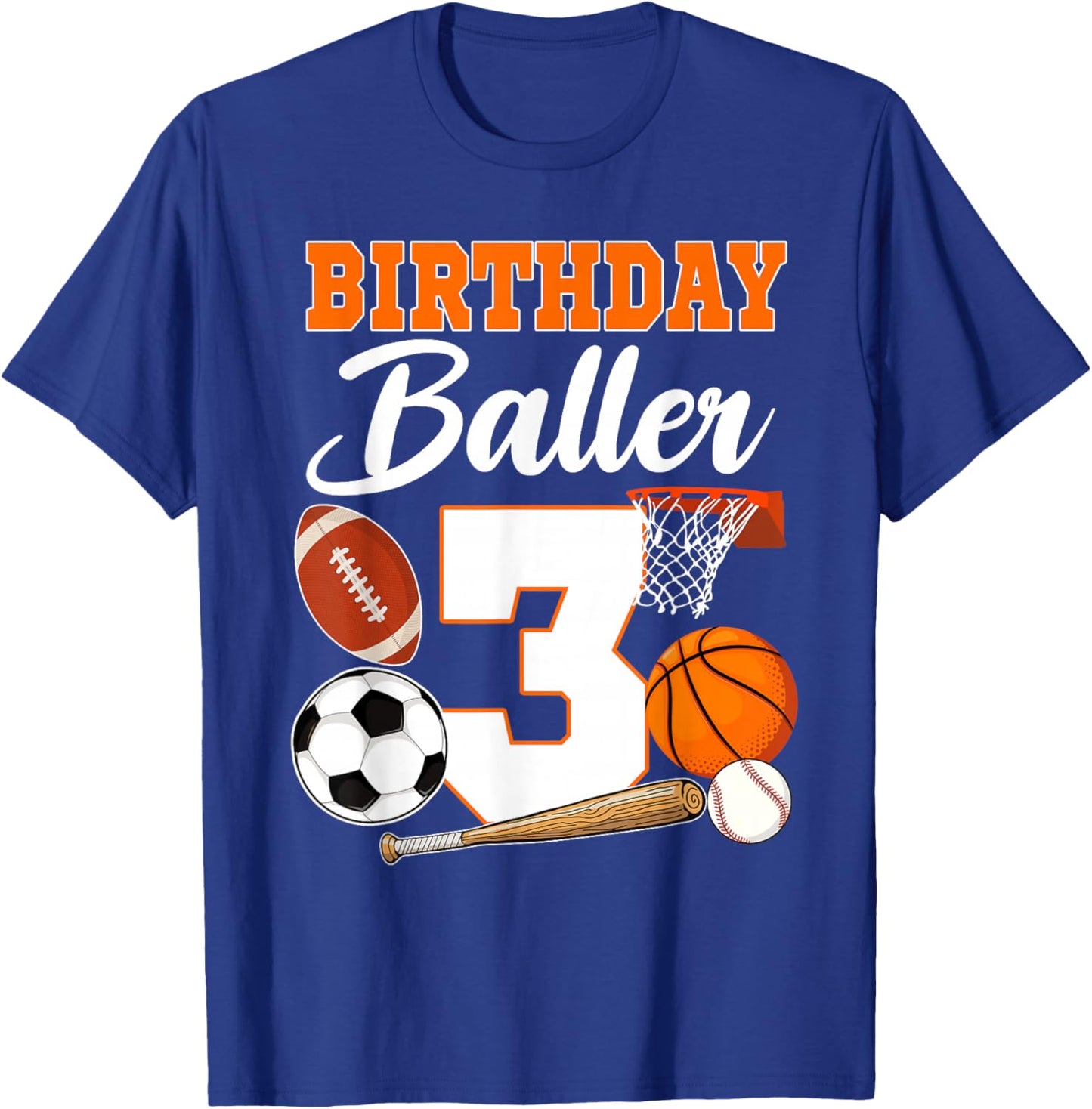 3rd Birthday Sport Balls Theme 3 Year Old Birthday Baller T-Shirt - T-Shirt | Royal