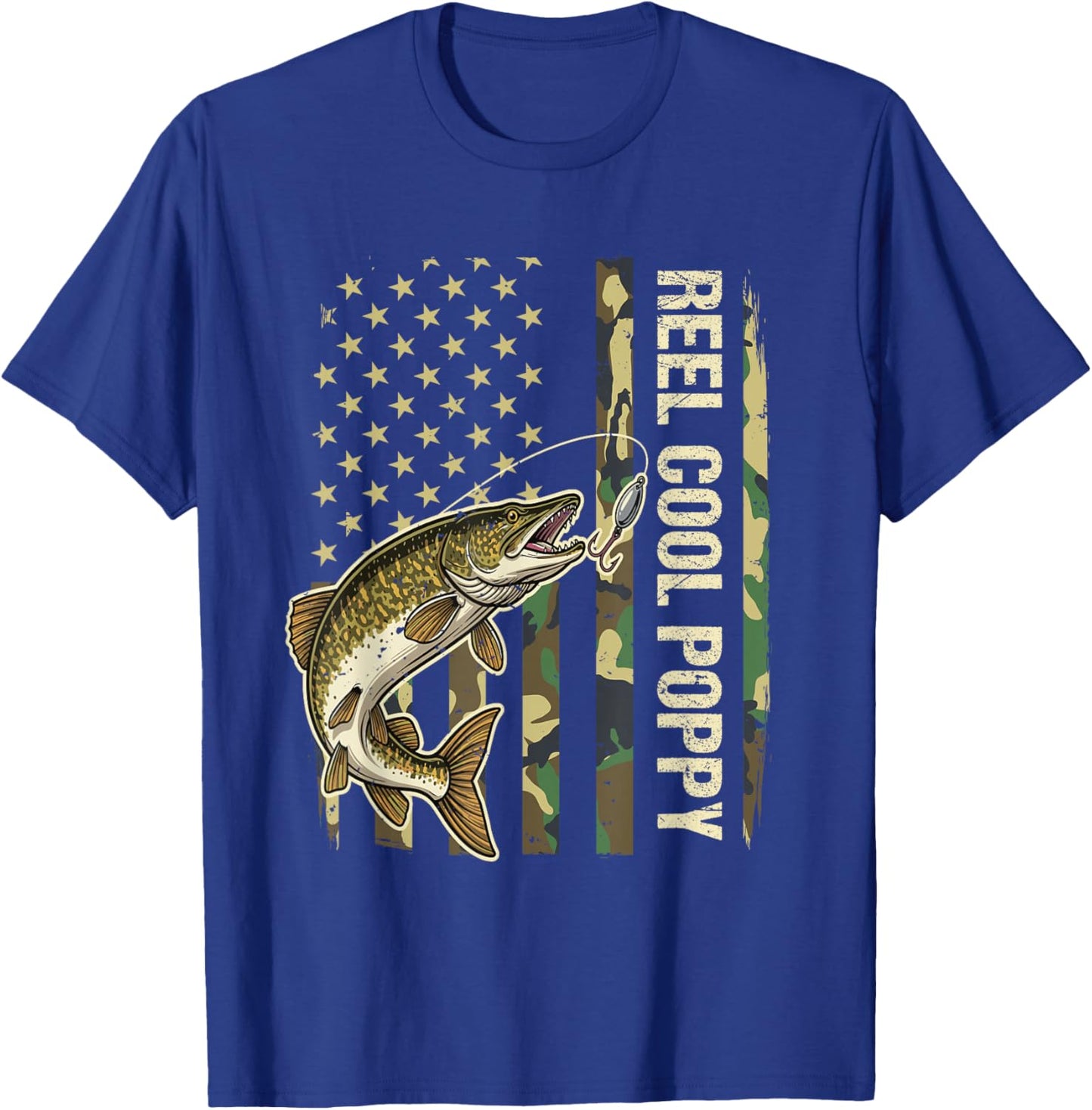 Reel Cool Poppy Northern Pike Fishing Camo American Flag T-Shirt - T-Shirt | Royal