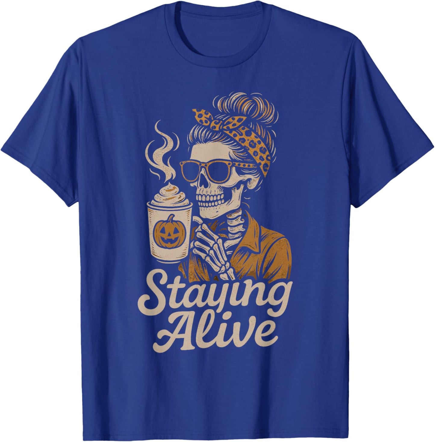 Staying Alive Spooky Skeleton Coffee Retro Halloween T-Shirt - T-Shirt | Royal