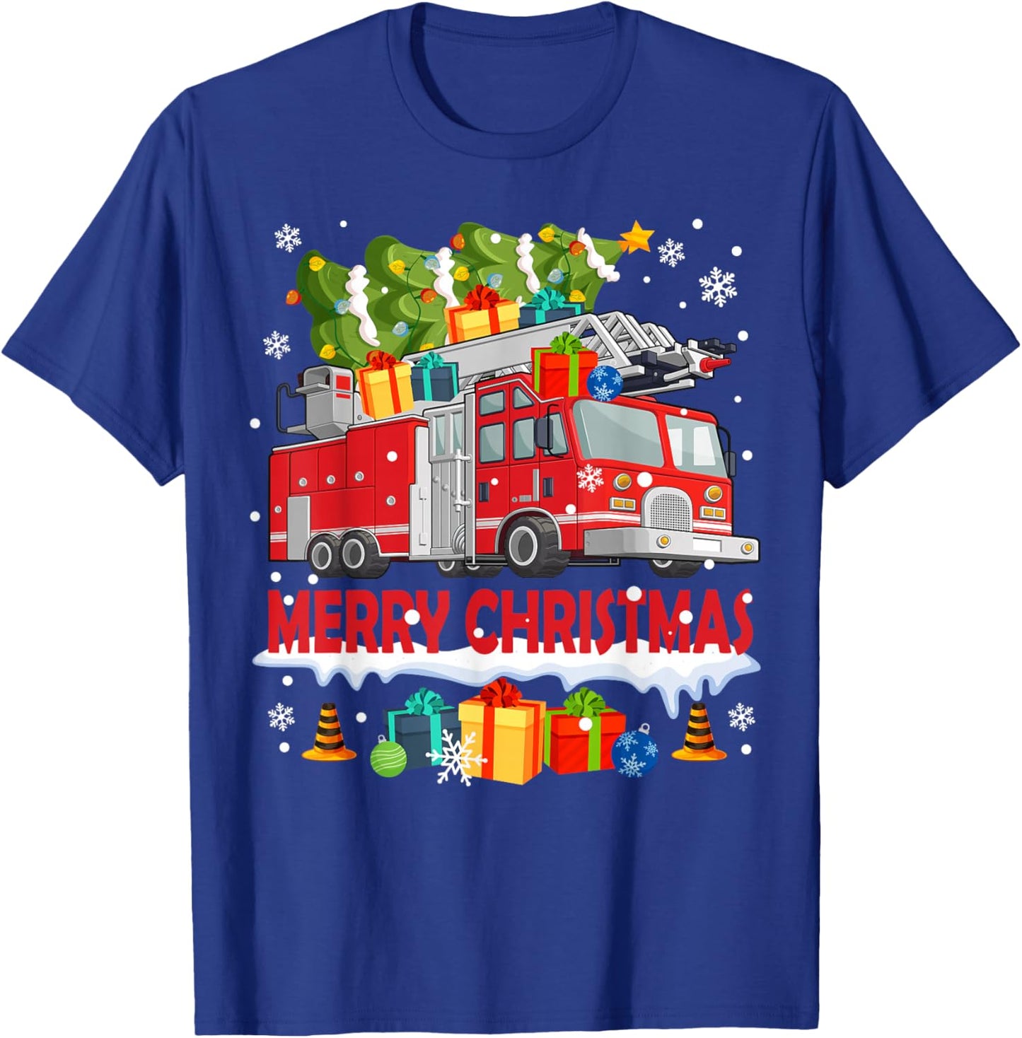 Funny Fire Truck & Christmas Tree Firefighter Xmas Pajamas T-Shirt - T-Shirt | Royal