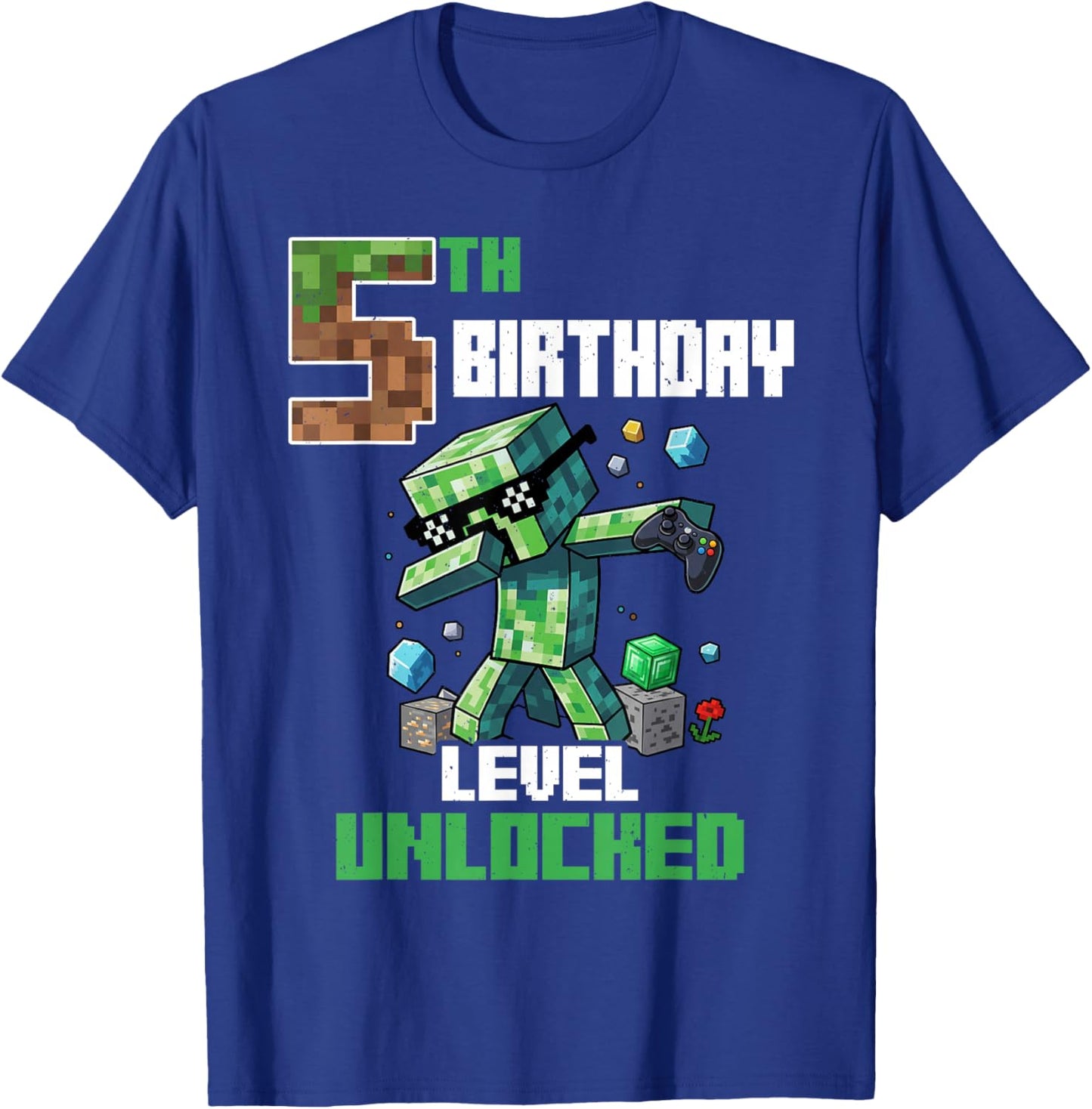 5th Birthday Level Unlocked Pixel Dab 5 Bday Gamer Boys Kids T-Shirt - T-Shirt | Royal