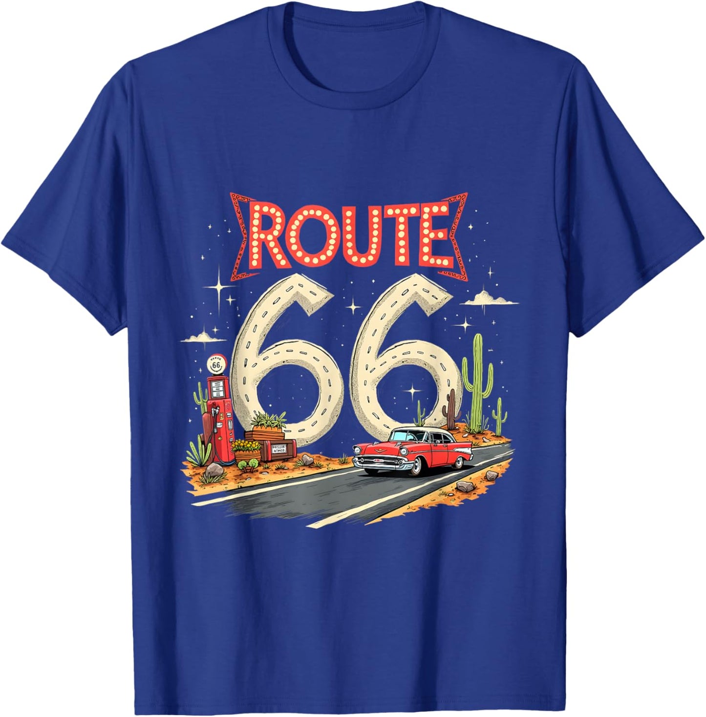 Classic Retro Route 66 Desert Scene with Red Vintage Car T-Shirt - T-Shirt | Royal