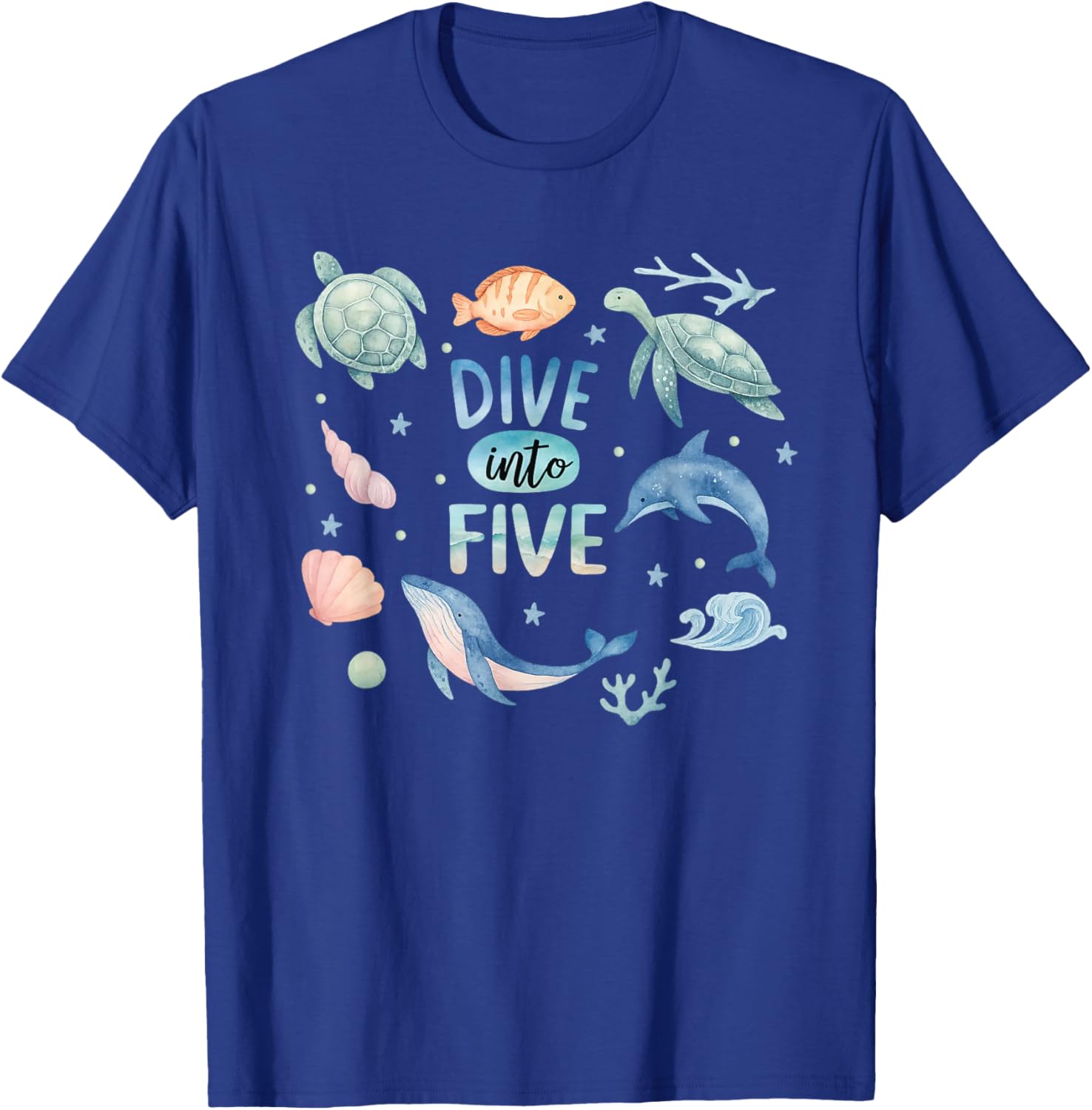 Dive Into Five 5th Birthday Boy Girl 5 Year Ocean Animals T-Shirt - T-Shirt | Royal