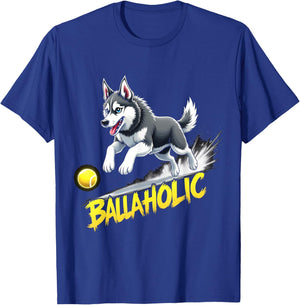 Funny Ballaholic Siberian Husky Dog Chasing Ball T-Shirt - T-Shirt | Royal