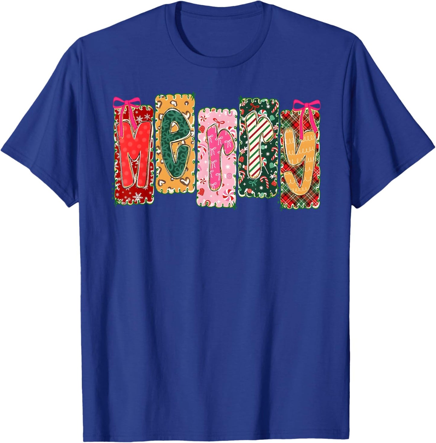 Merry Christmas Patchwork Merry Xmas Girl Women Floral Bows T-Shirt - T-Shirt | Royal