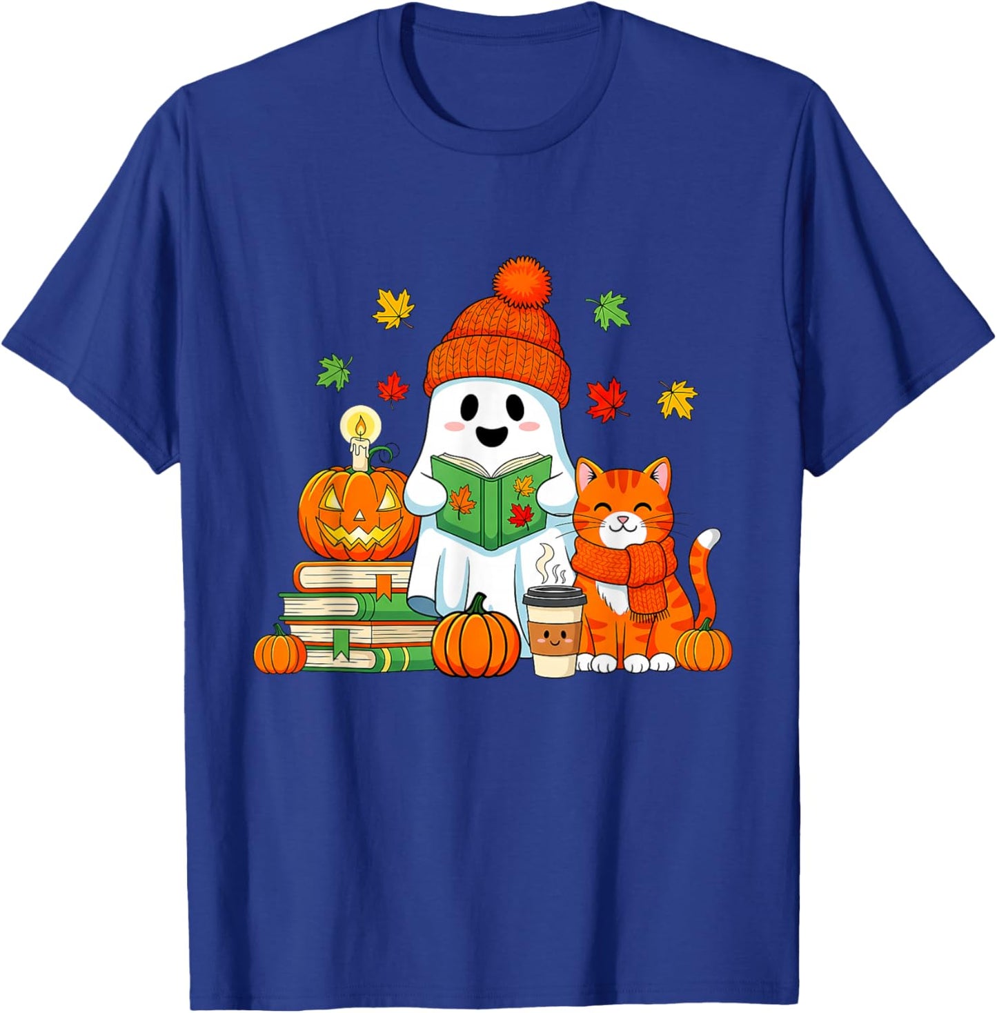 Cute Ghost Reading Book Lovers Autumn Fall Halloween Ghost T-Shirt - T-Shirt | Royal
