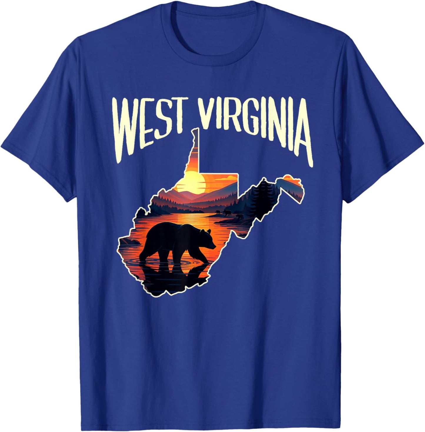 West Virginia State Map Traveling Souvenir Black Bear Sunset T-Shirt - T-Shirt | Royal