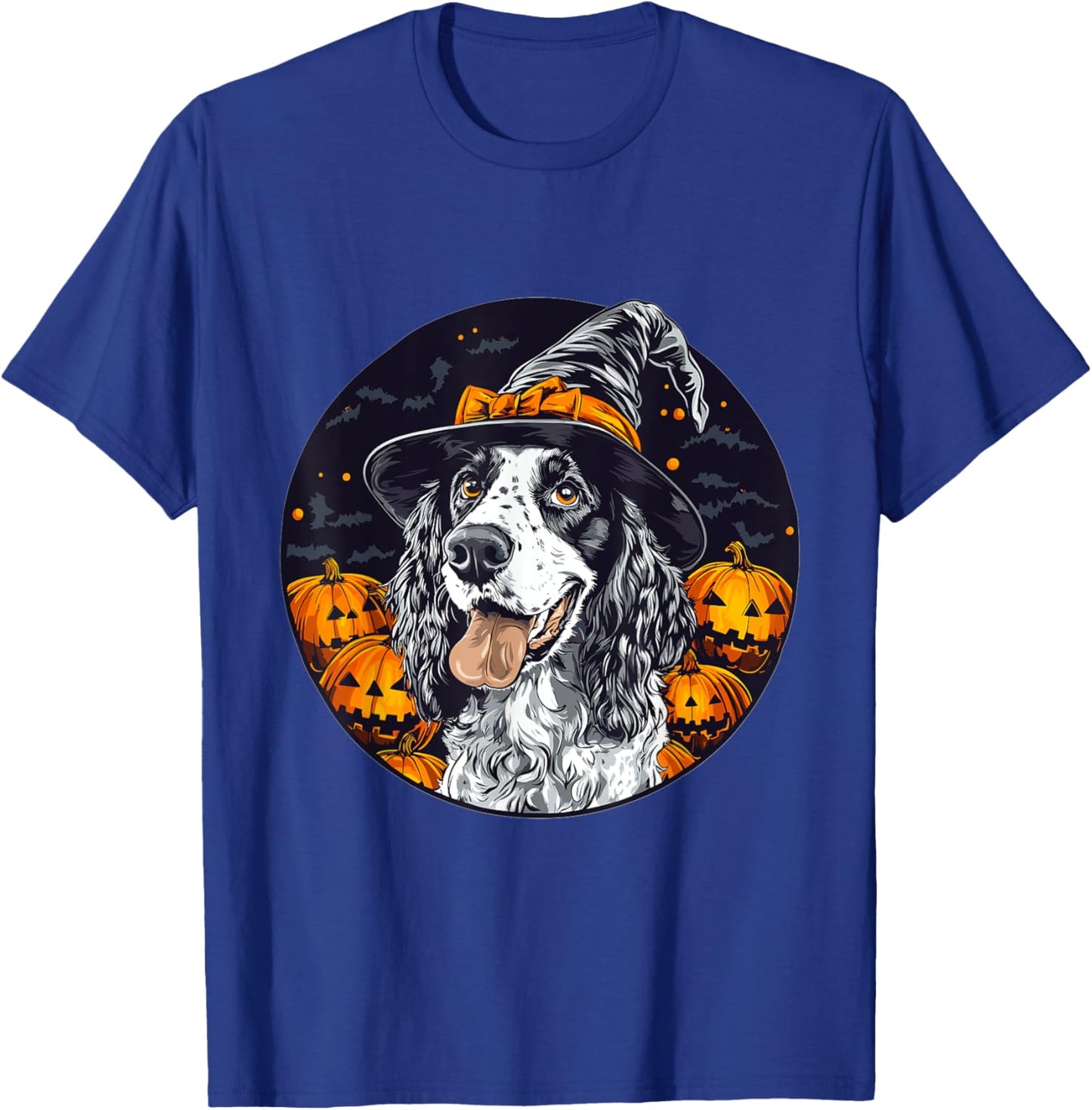English Setter Dog Whitch Hat Halloween Pumpkin Spooky Happy T-Shirt - T-Shirt | Royal