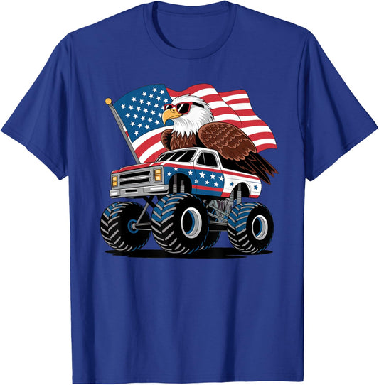 4th of July Patriotic American Flag Bald Eagle Truck USA T-Shirt - T-Shirt | Royal