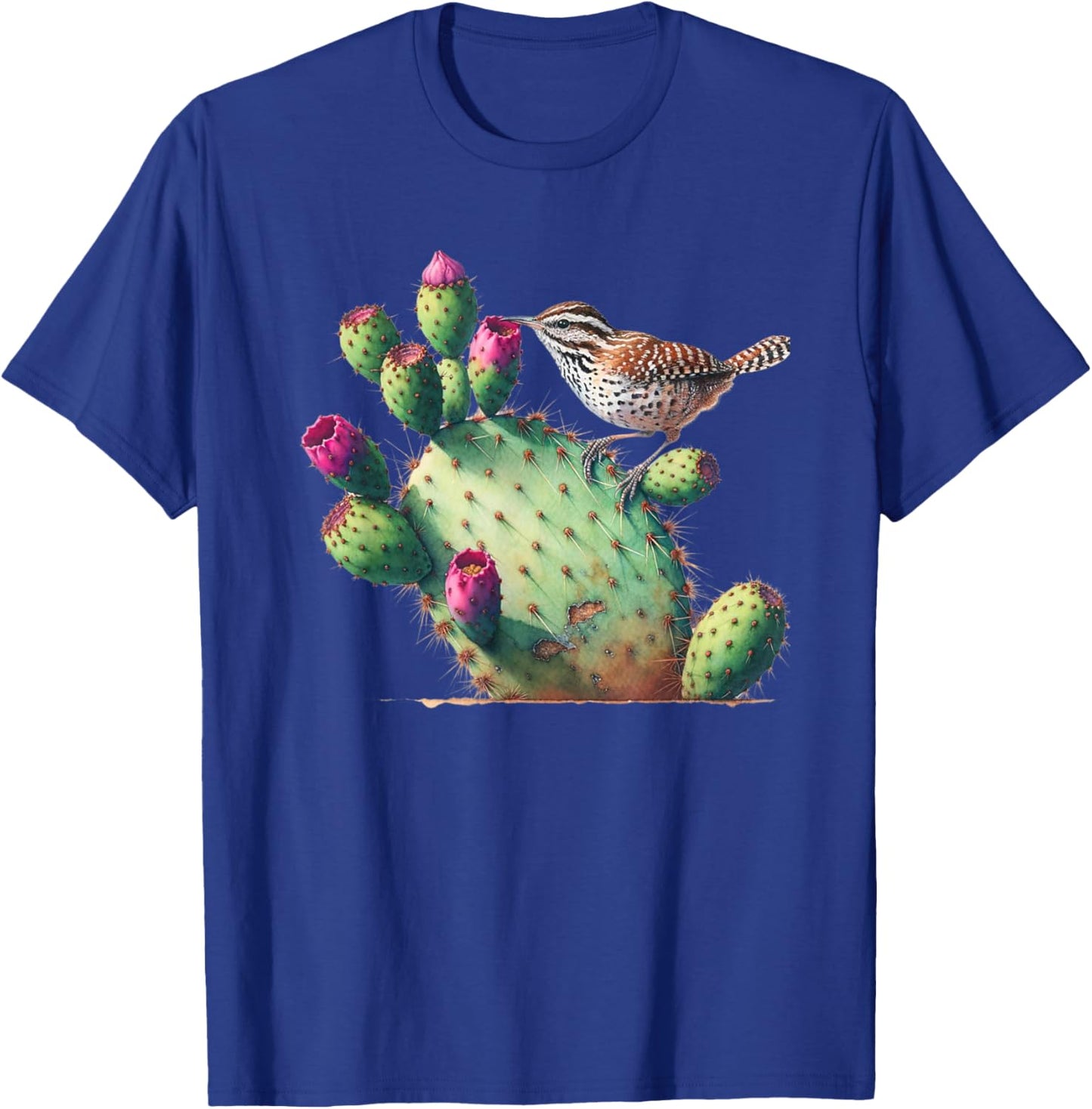 Cactus Wren & Prickly Pear Watercolor Art , Small, Black T-Shirt - T-Shirt | Royal