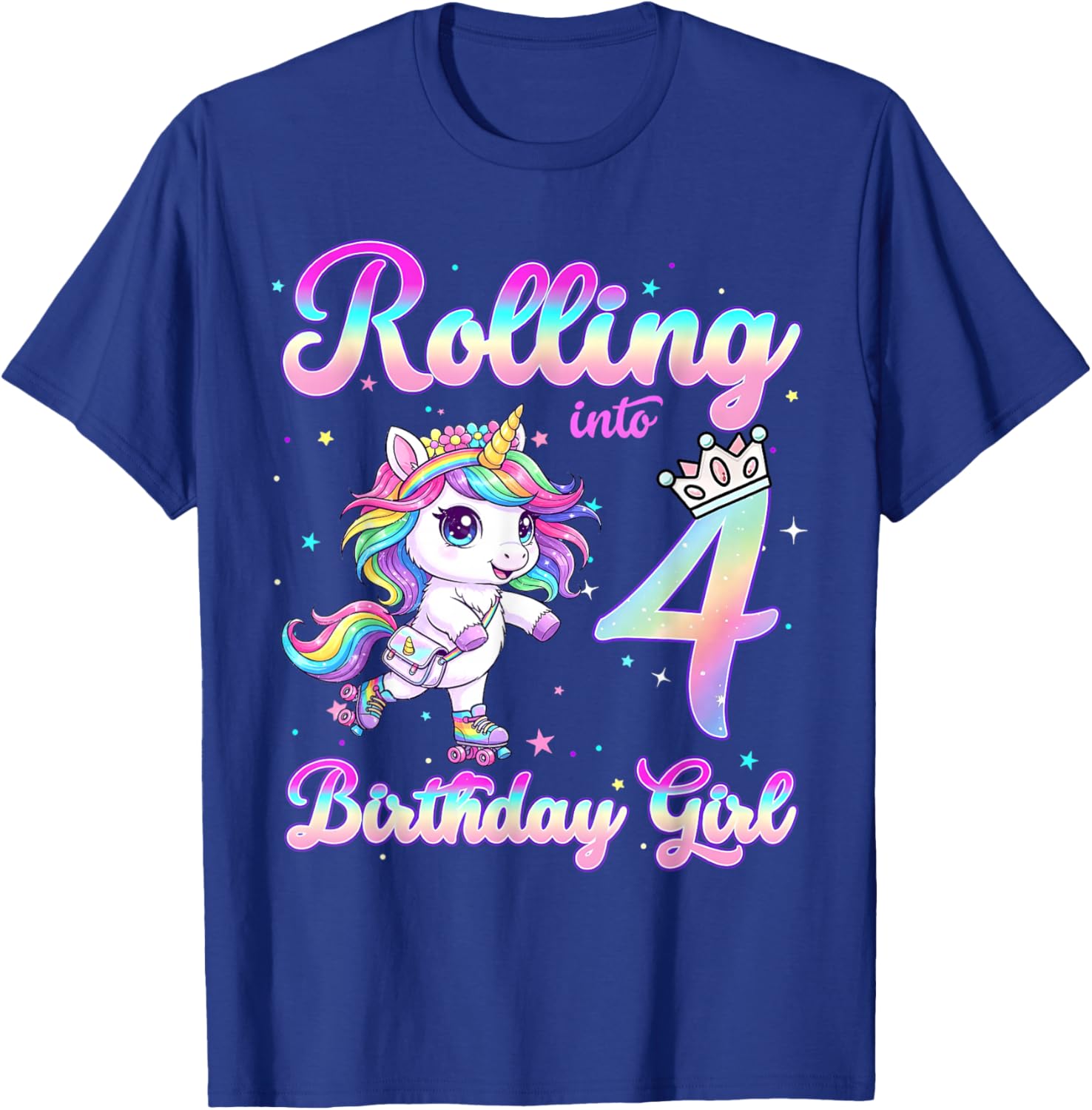 Kids Rolling Into 4 Roller Skating 4th Birthday Unicorn Girl T-Shirt - T-Shirt | Royal