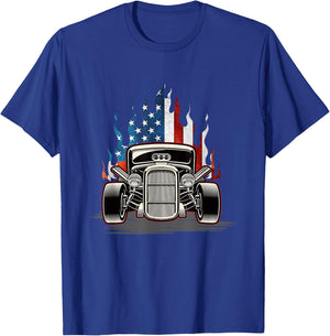 American Flag Vintage Hot Rod Veteran Memorial Day July 4 T-Shirt - T-Shirt | Royal