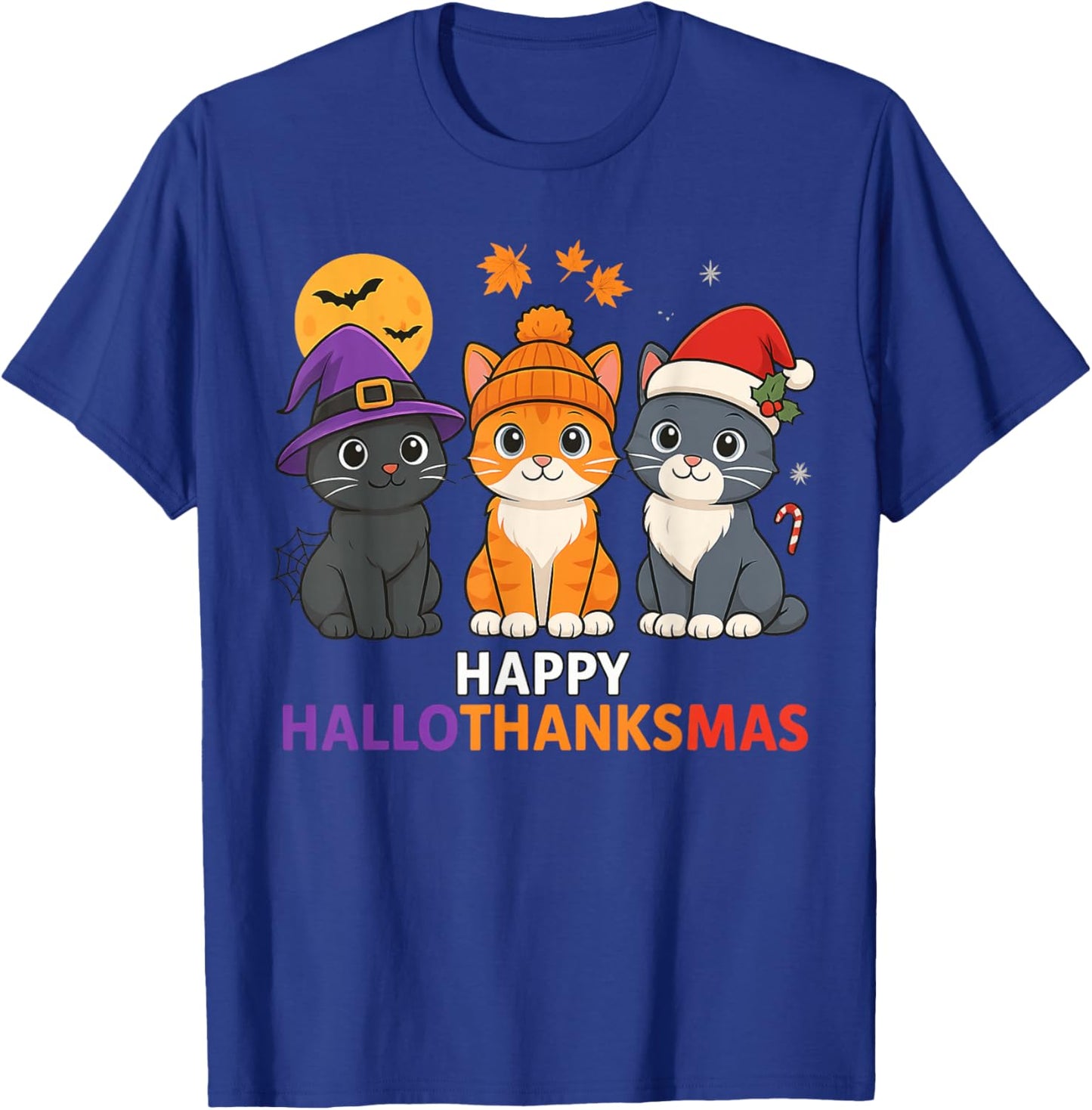 Cat Halloween Christmas Happy Hallothanksmas Thanksgiving T-Shirt - T-Shirt | Royal