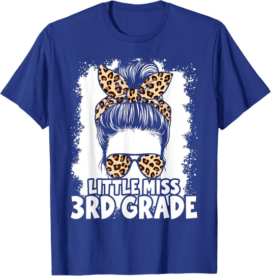 Hello 3rd Grade Messy Hair Bun Girl Leopard Back To School T-Shirt - T-Shirt | Royal