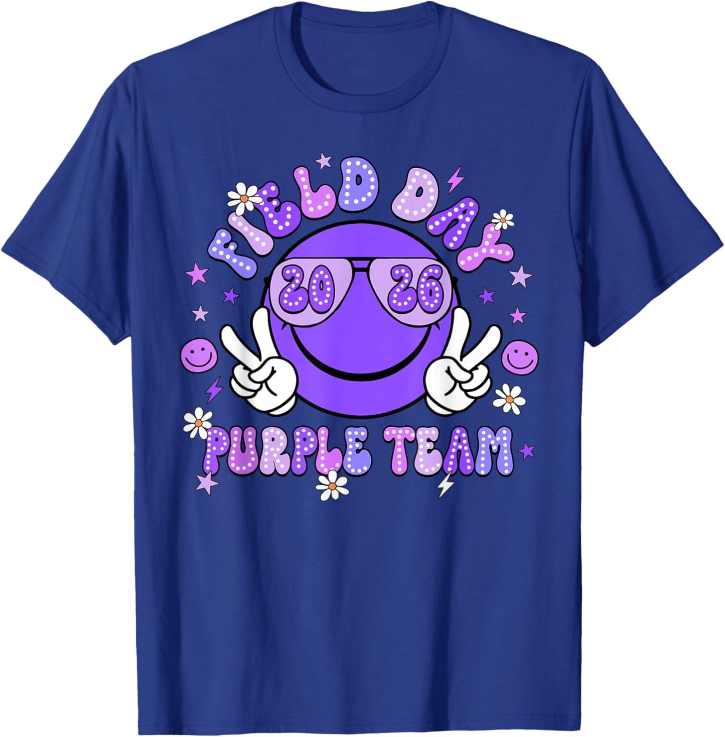 Field Day Purple Team 2026 Smile Face Sunglasses Kid Teacher T-Shirt - T-Shirt | Royal