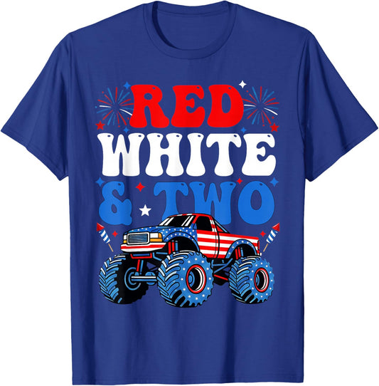 2nd Birthday Boy Monster Truck Red White and Two 4th of July T-Shirt - T-Shirt | Royal