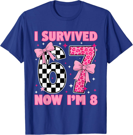I Survived 67 I'm 8 Cute Girl Birthday Pink Bow Leopard T-Shirt - T-Shirt | Royal