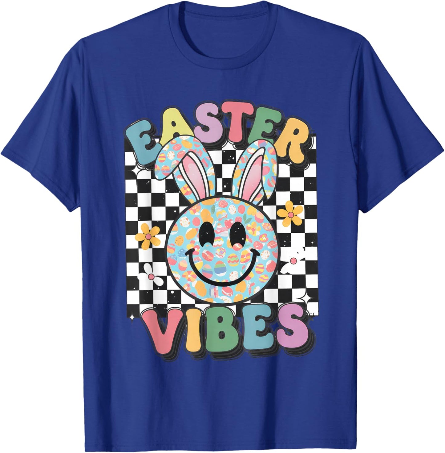 Retro Groovy Easter Vibes Bunny Checkered Smile Girls T-Shirt - T-Shirt | Royal