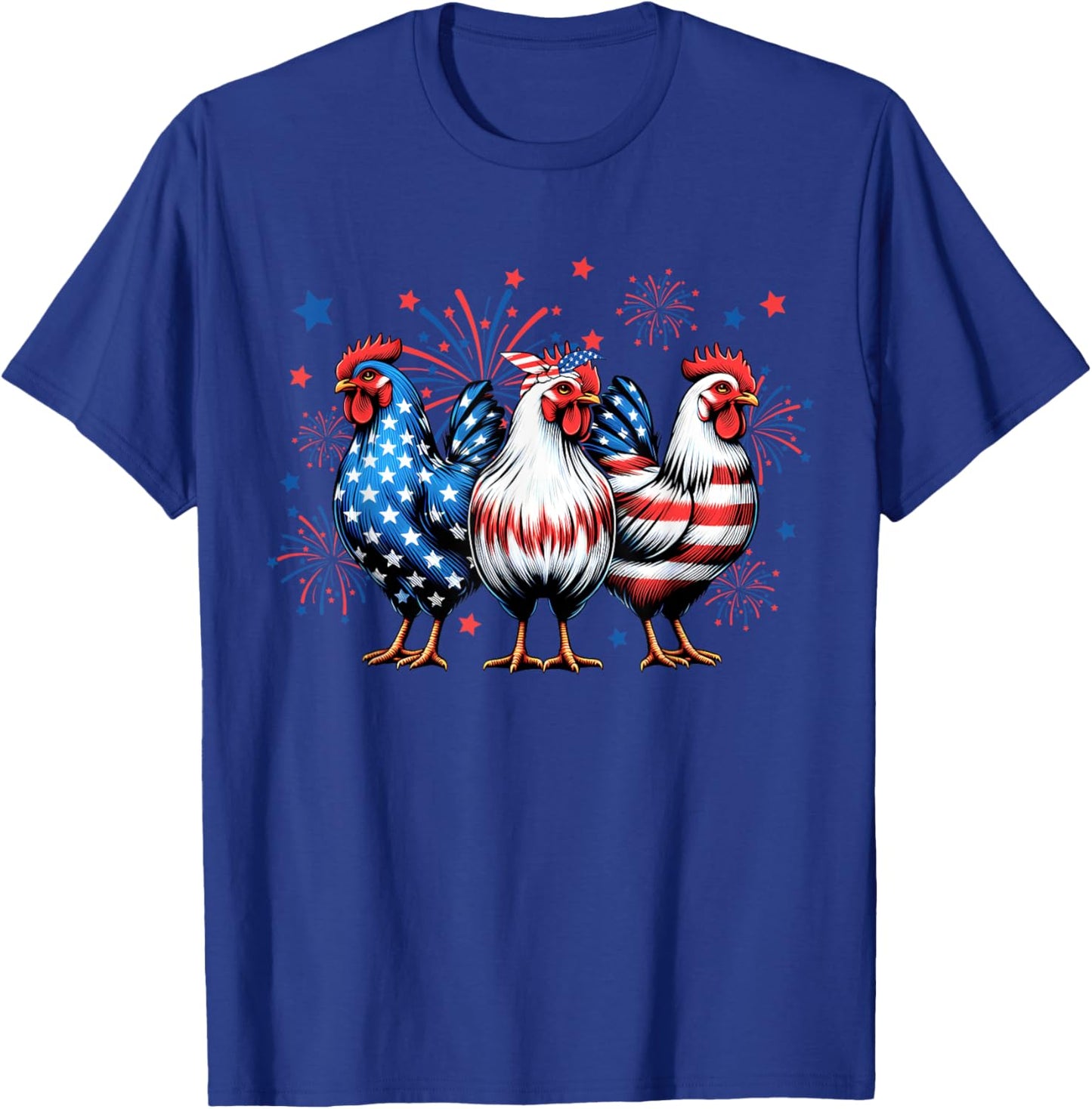 Patriotic Firework Red White Blue Chicken USA Flag July 4th T-Shirt - T-Shirt | Royal