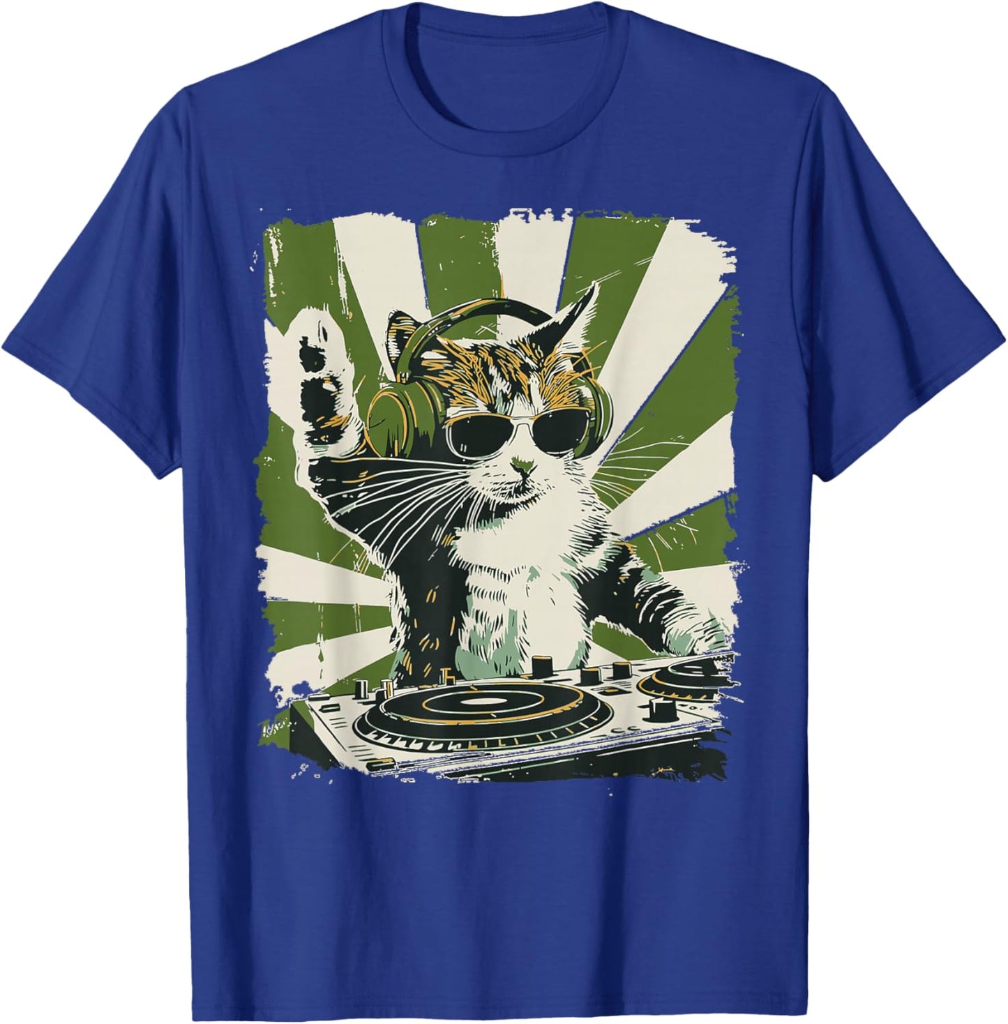 Funny Cat with Headphones & Sunglasses Vintage Art T-Shirt - T-Shirt | Royal