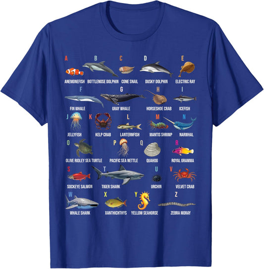 A-Z Ocean Life Alphabet Marine Creatures Exploration T-Shirt - T-Shirt | Royal