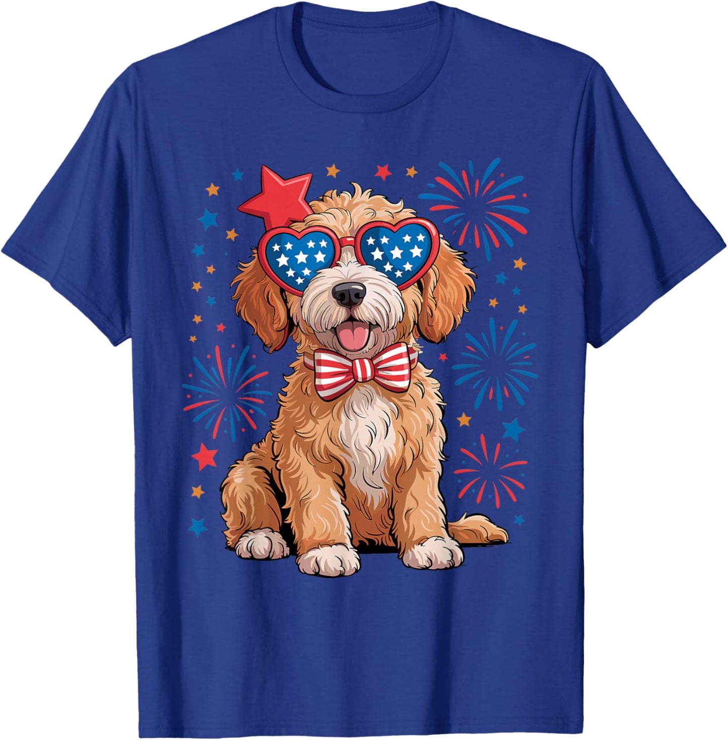 Patriotic Goldendoodle Dog 4th of July Fireworks Sunglasses T-Shirt - T-Shirt | Royal