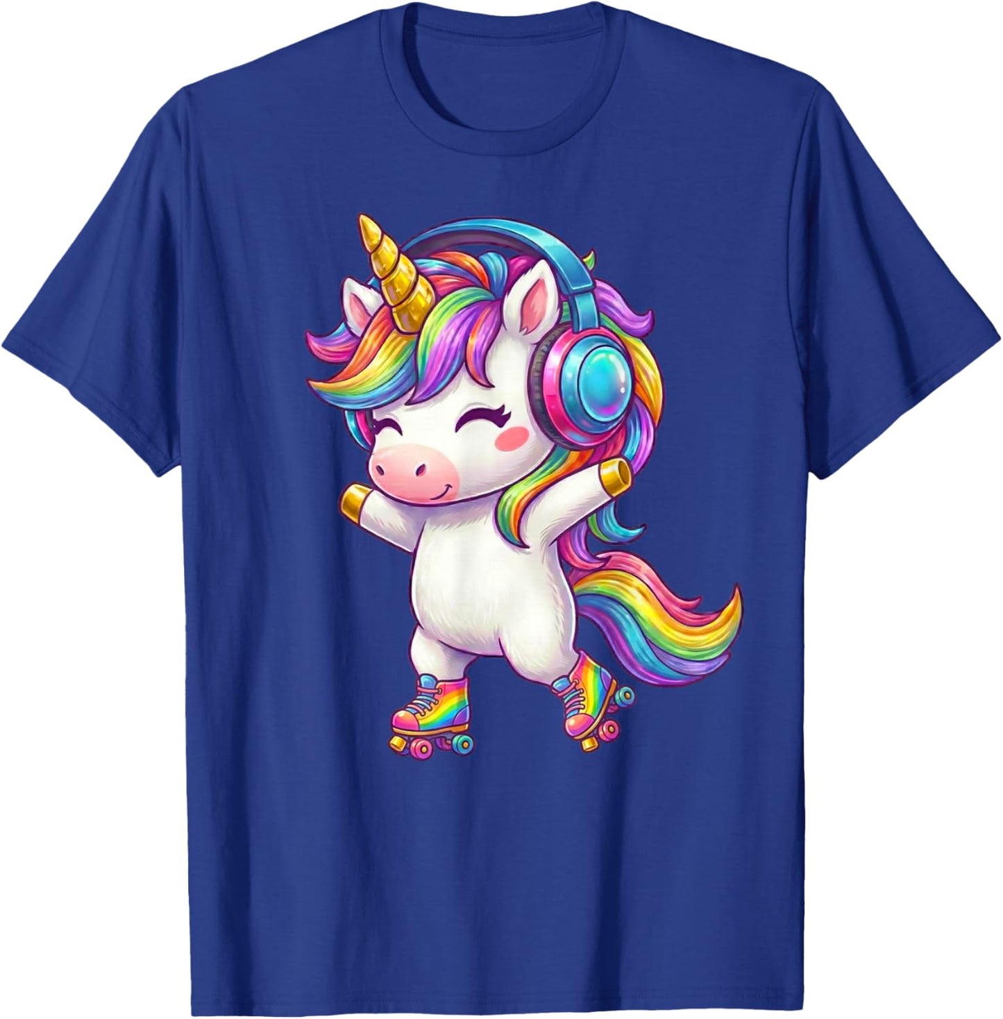 Roller Skating Unicorn Rainbow Music Headphones for Girls T-Shirt - T-Shirt | Royal