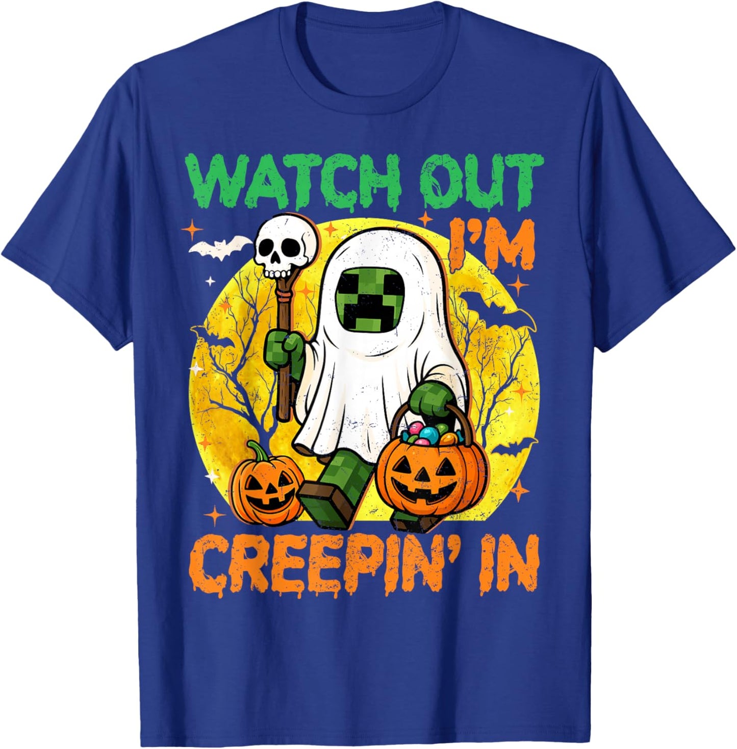 Boys Halloween Shirt Kids Game Pixel Ghost Creepin in Spooky T-Shirt - T-Shirt | Royal