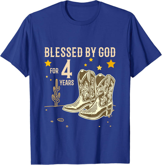 Kids Vintage Blessed by God for 4 Years Cowboy 4th Birthday Boy T-Shirt - T-Shirt | Royal