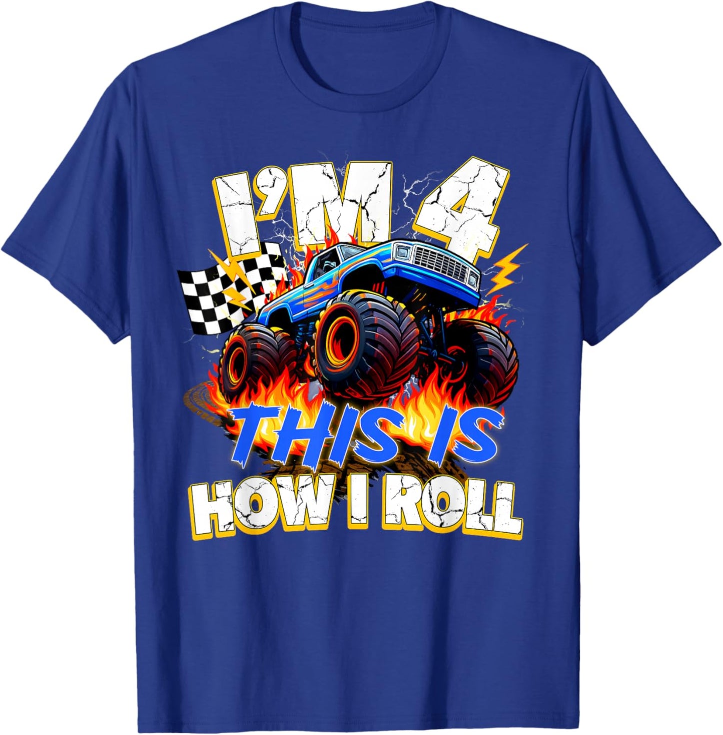 Funny 4 Year Old Birthday Boy Monster Truck 4th Bday Kids T-Shirt - T-Shirt | Royal