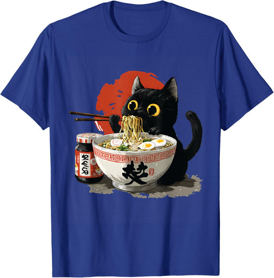 Funny Japanese Cat Eating Noodles Ramen T-Shirt - T-Shirt | Royal