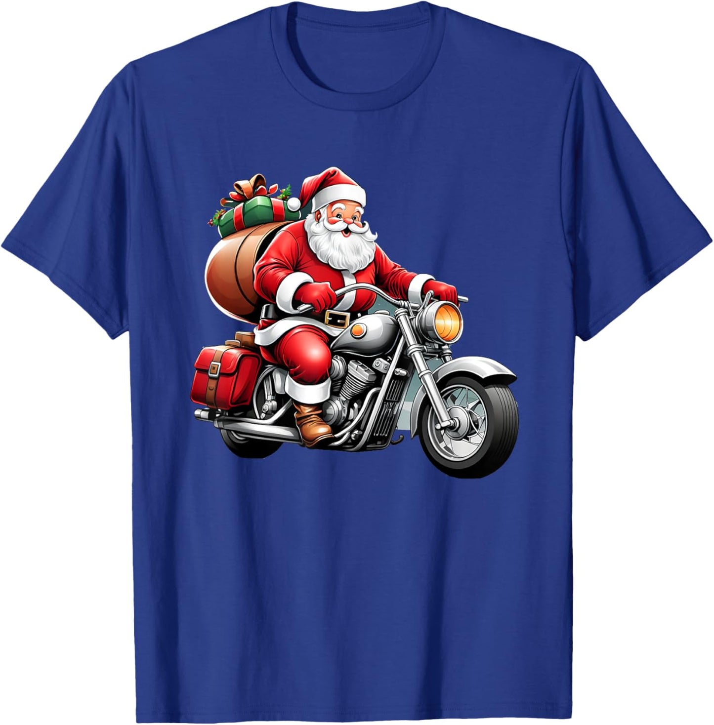 Santa Claus on a Motorcycle Delivering Gifts T-Shirt - T-Shirt | Royal