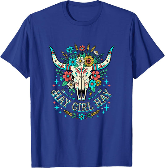 Hay Girl Hay Floral Cow Skull Boho T-Shirt - T-Shirt | Royal