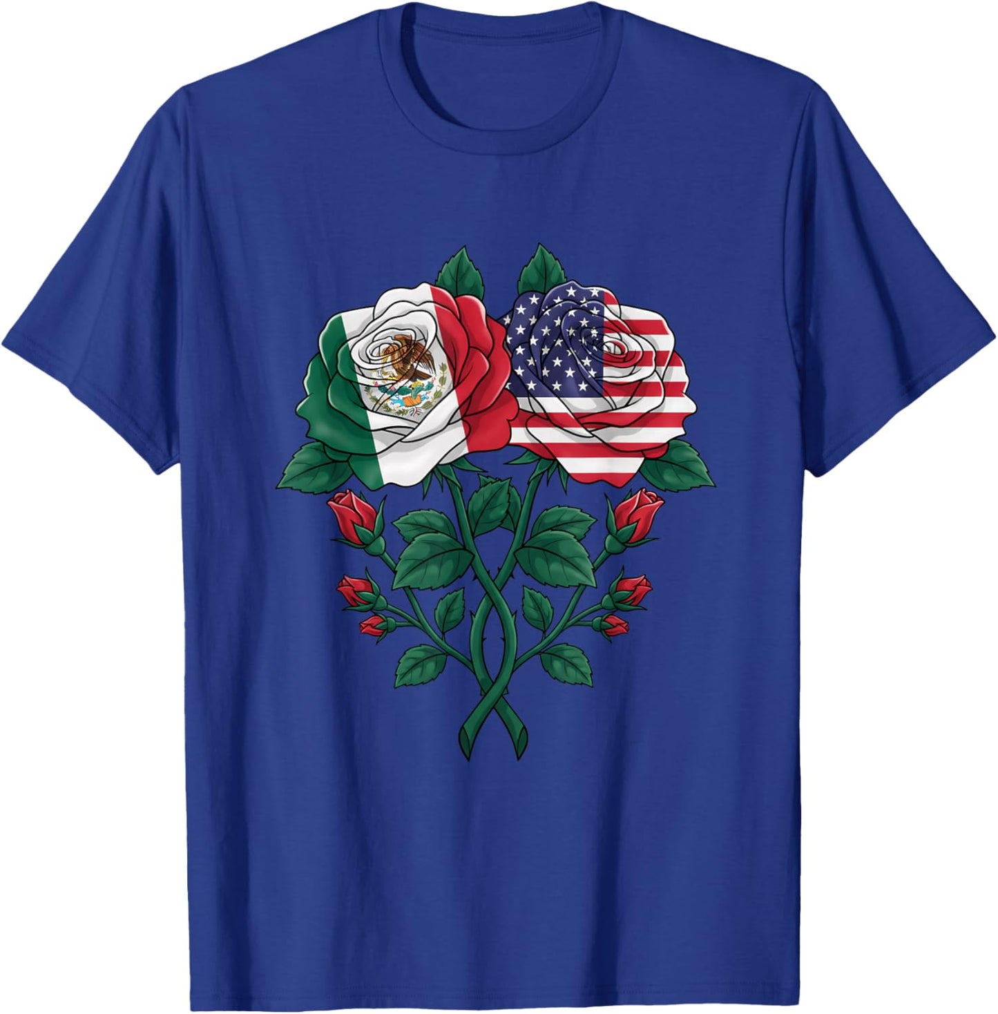 Mexican American Rose Two Flags Floral Latino USA Mexico T-Shirt - T-Shirt | Royal
