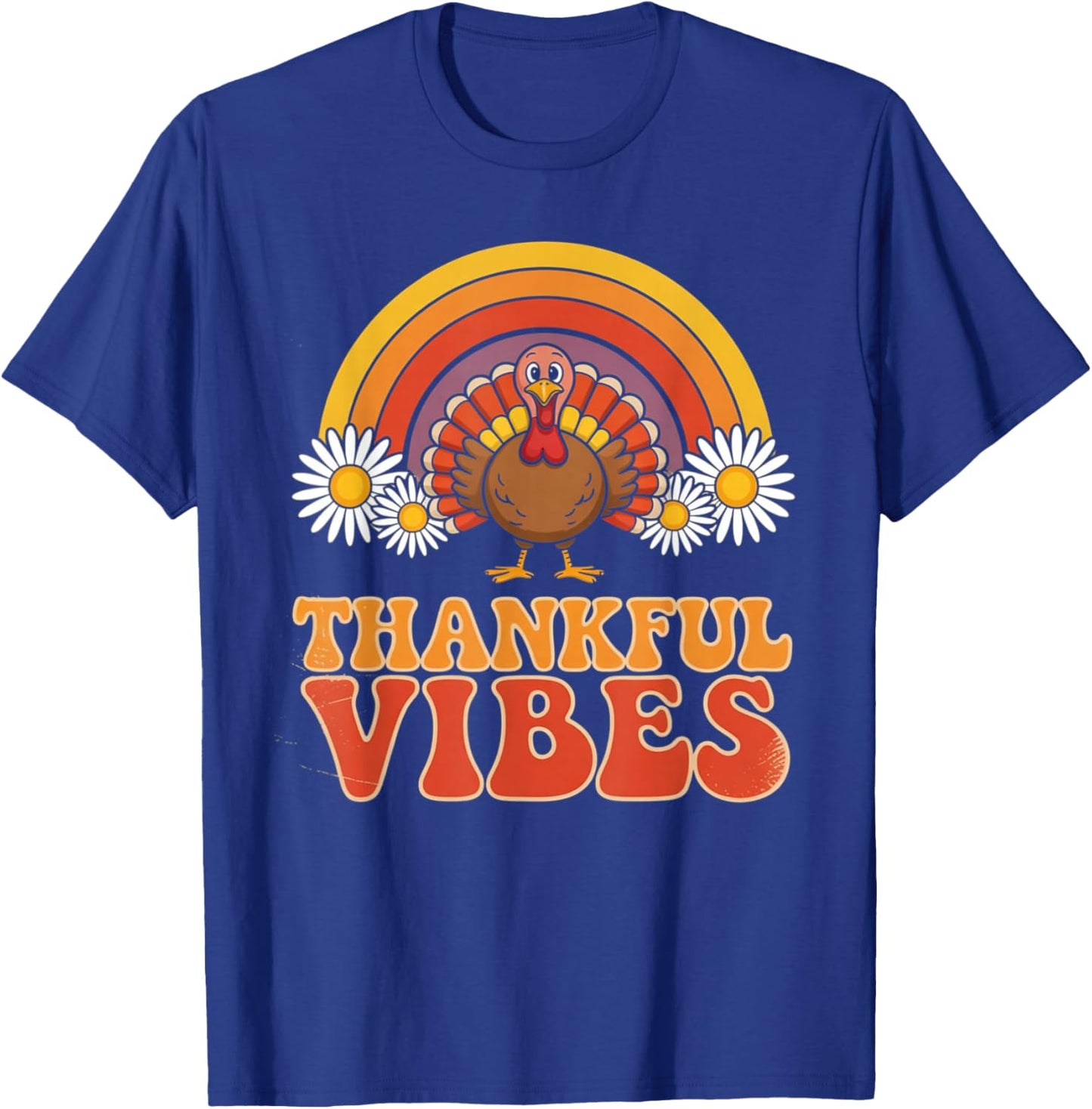 Thankful Vibes Turkey Rainbow Funny Retro Thanksgiving Gifts T-Shirt - T-Shirt | Royal