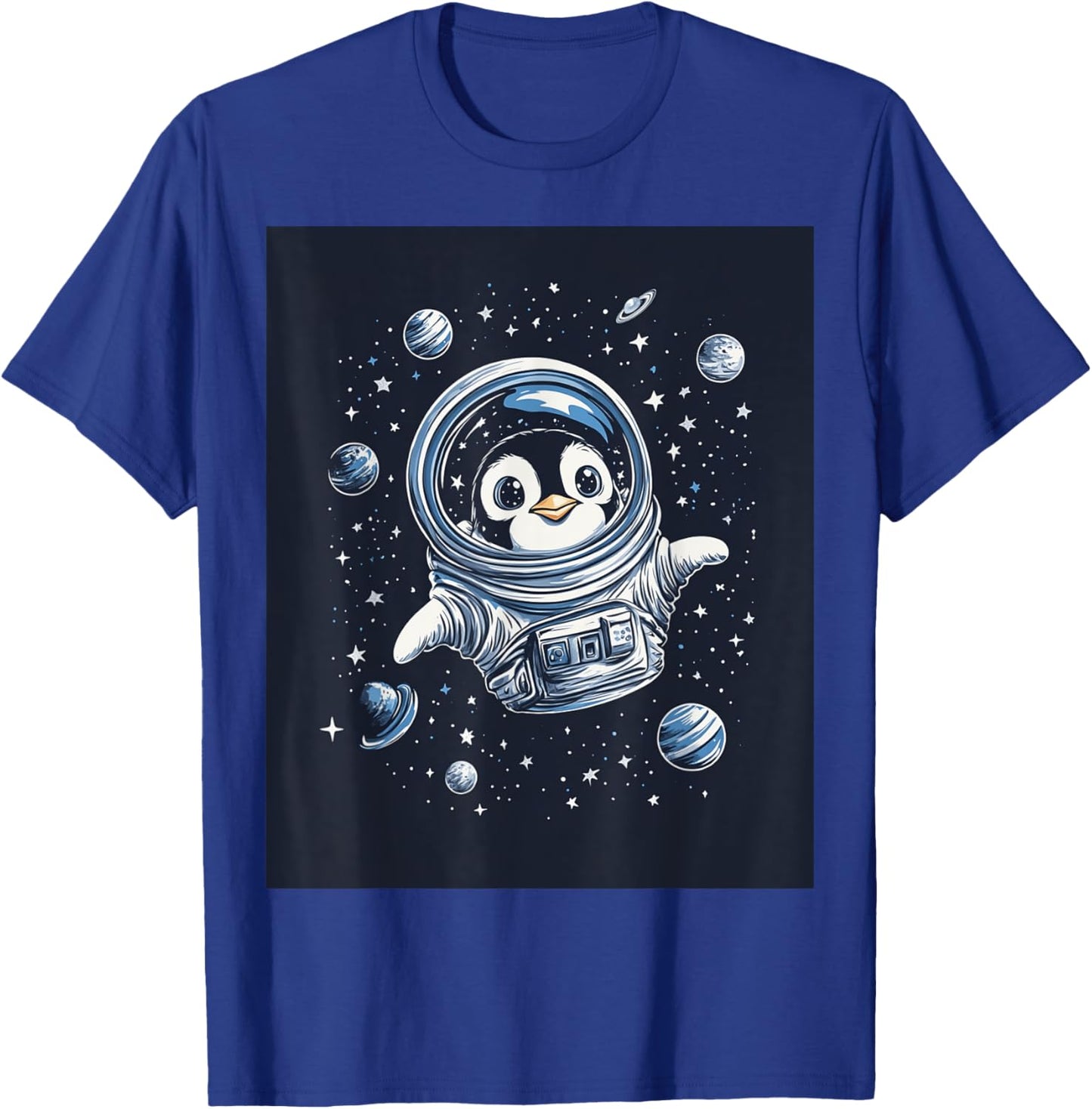 Cute Penguin in Space Floating Among Stars Apparel T-Shirt - T-Shirt | Royal