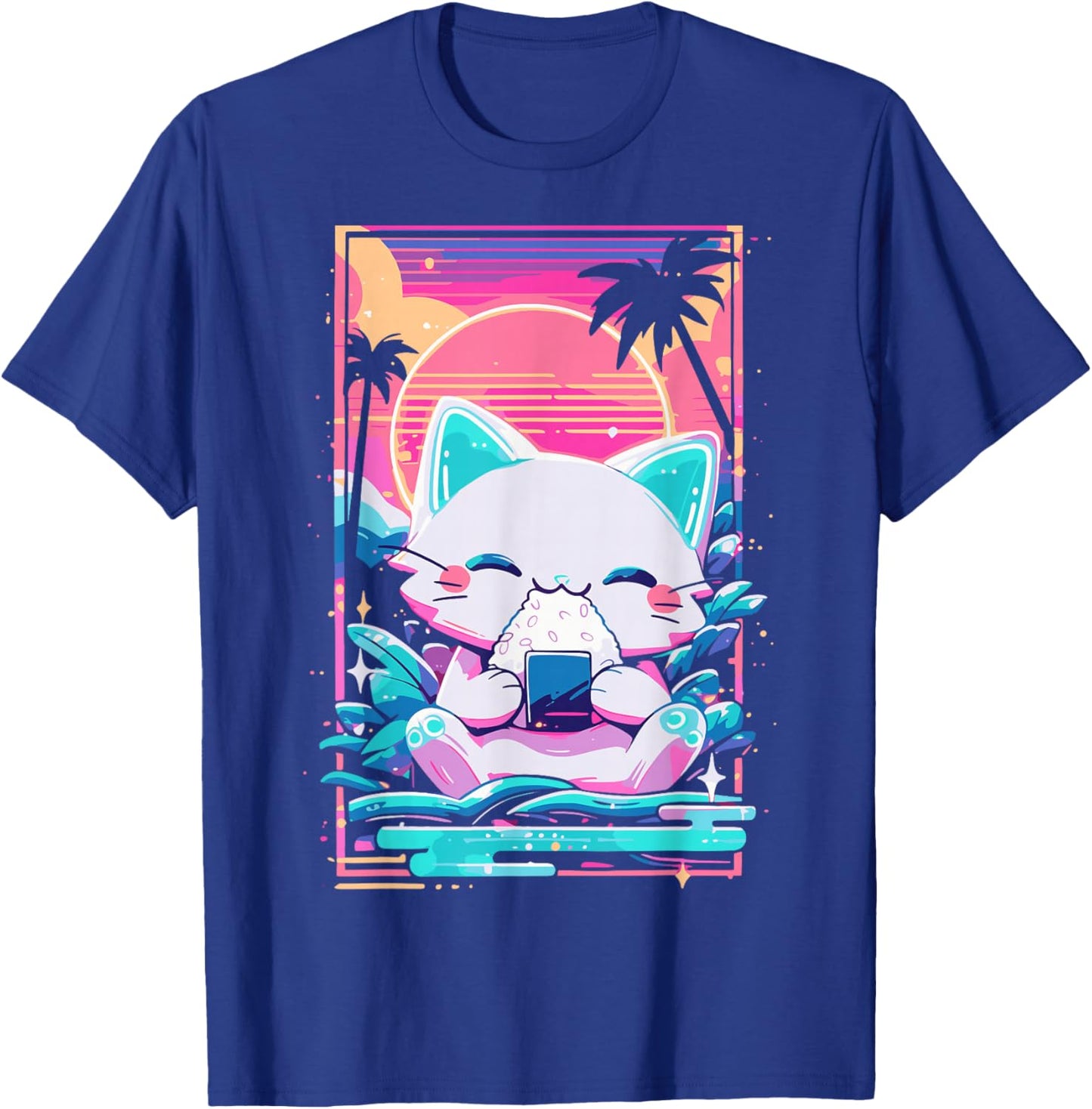 Anime Cat Eating Onigiri Japanese Sushi Cat Japan T-Shirt - T-Shirt | Royal