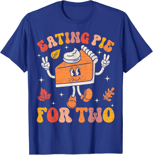 Eating Pumpkin Pie For Two Thanksgiving Pregnancy Announcement - Black, Small, -Adults, Short Sleeve, , Thanksgiving, Pregnancy Announcement T-Shirt - T-Shirt | Royal