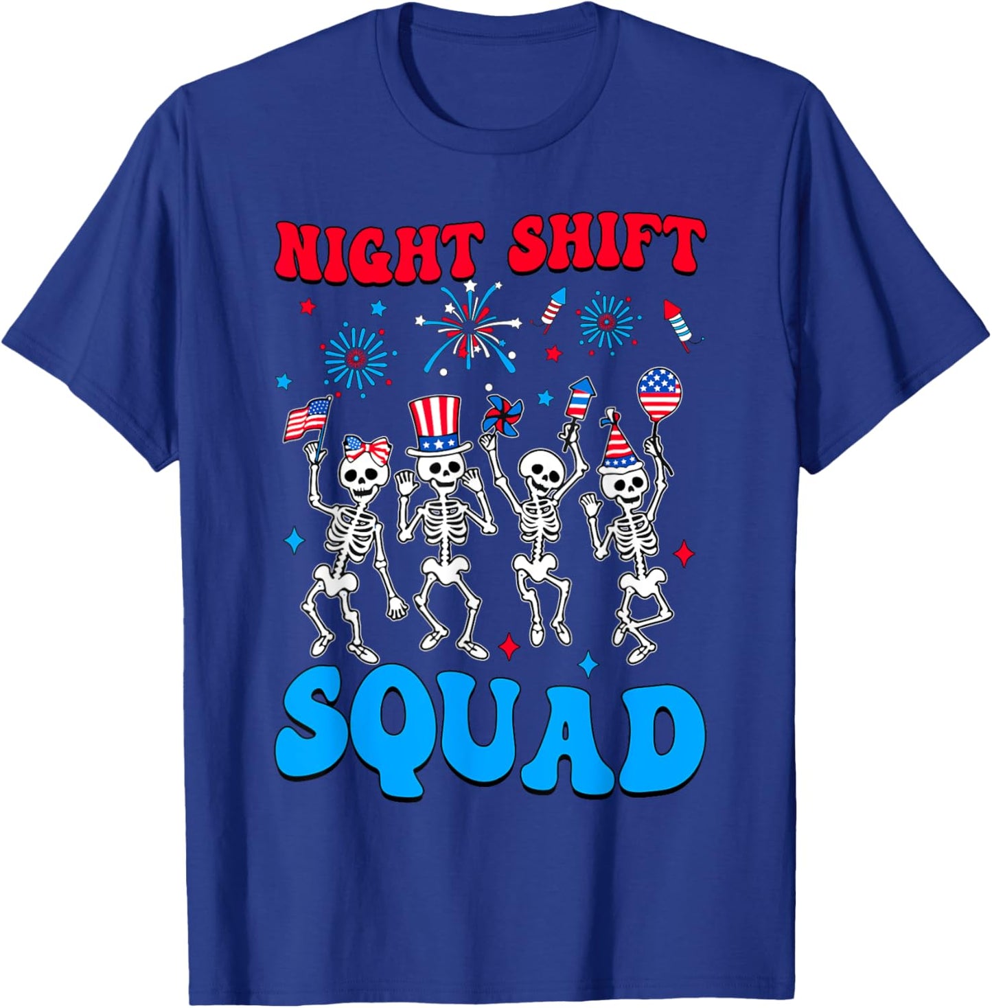 Night Shift Squad Skeleton CMA Nurse 4th Of July USA Flag T-Shirt - T-Shirt | Royal