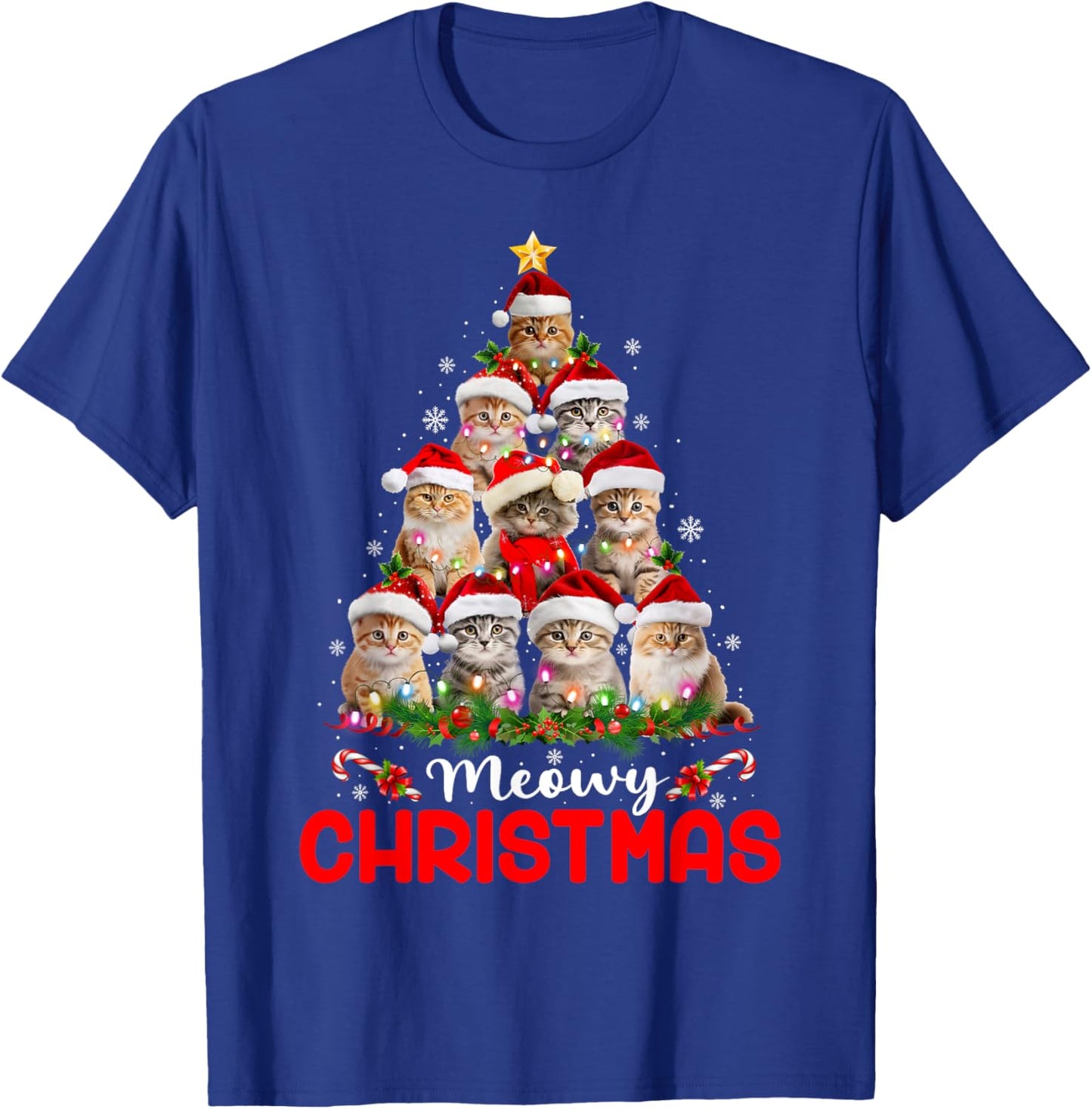 Merry Catmas Cat Christmas Tree Lights Funny Xmas Pajamas Women Kids T-Shirt - T-Shirt | Royal