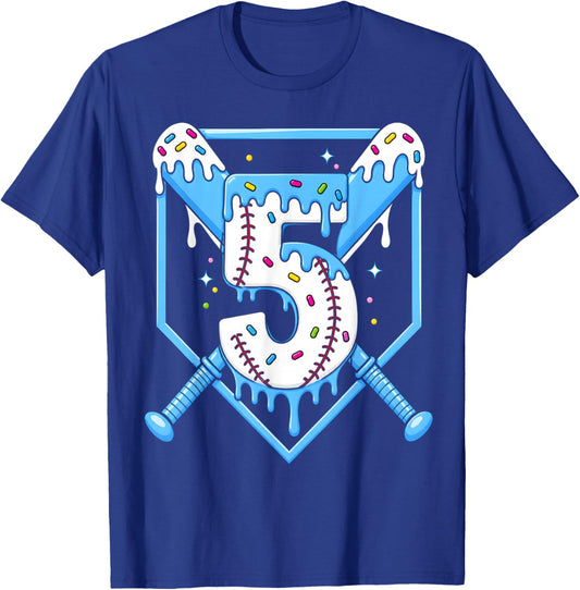 5th Birthday Boy Baseball Ice Cream Drip 5 Year Old Party T-Shirt - T-Shirt | Royal