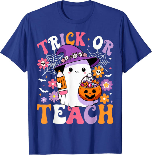 Trick Or Teach Groovy Teacher Ghost Funny Halloween Teacher T-Shirt - T-Shirt | Royal